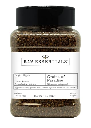 Raw Essentials Grains of Paradise, Whole Alligator Pepper Seeds, 11 oz | Melegueta Peppery Citrus Flavor, For Meats, Baking, Roasted Vegetables, Sauces and Cocktails