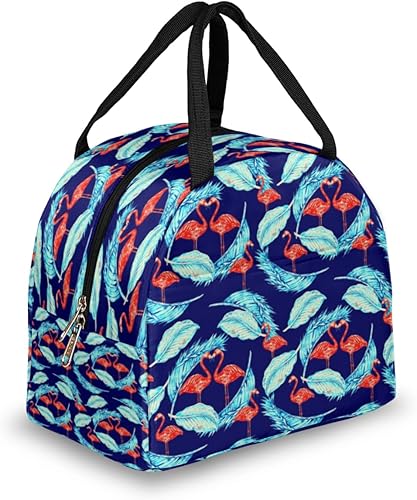 Red Flamingo Lunch Tote Bag for Women Adult Men Blue Feathers Insulated Lunch Box Small Leakproof Cute Lunchbox Cooler Bag Reusable Lunch Bag for