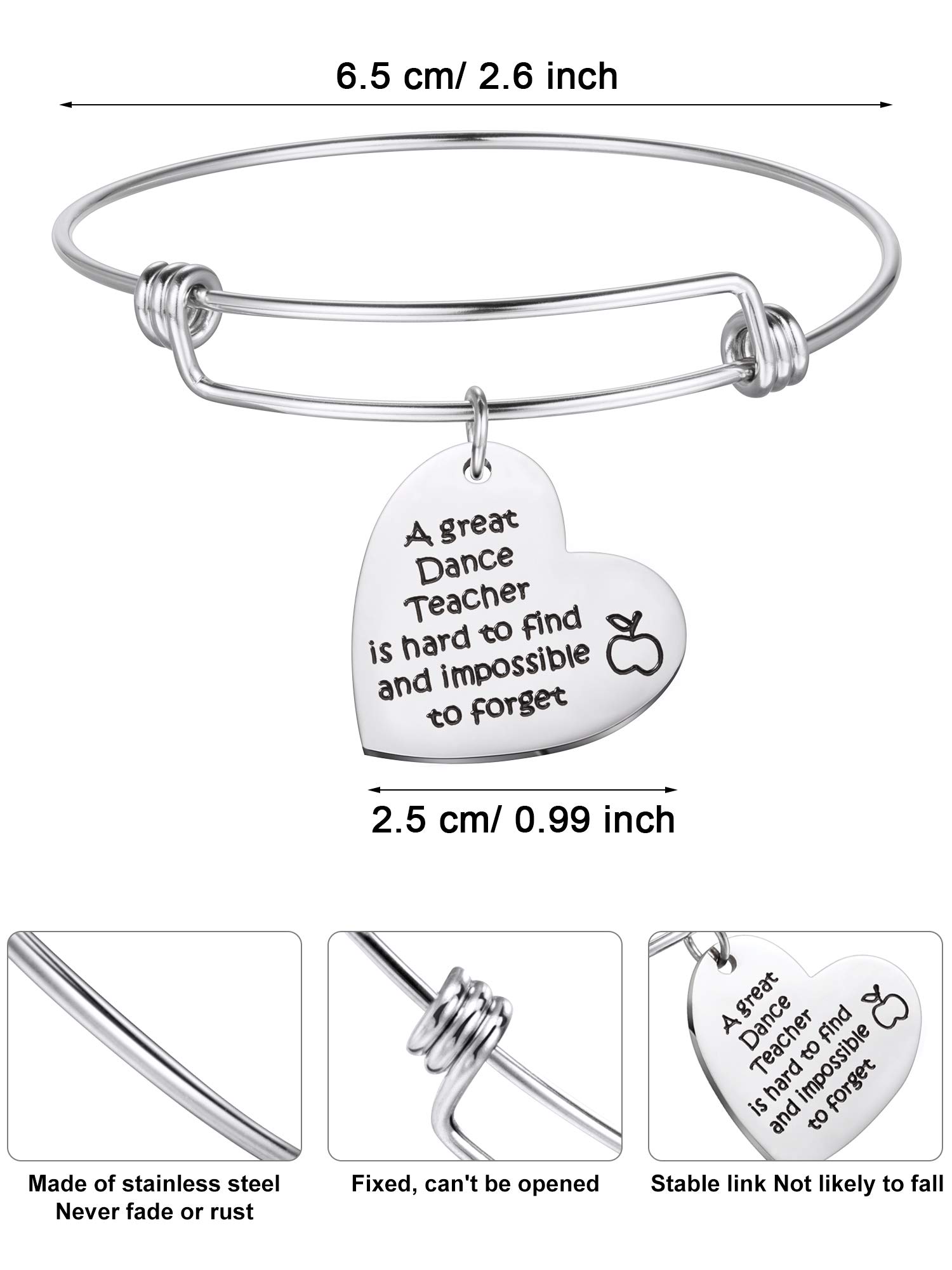 Zhanmai 3 Pieces Dance Teacher Gifts for 2026 Teacher's Day Bracelet Bangle Gift Engraved Appreciation Quotes Expandable Steel Bracelet with Heart Pendant for Women Dance Teacher