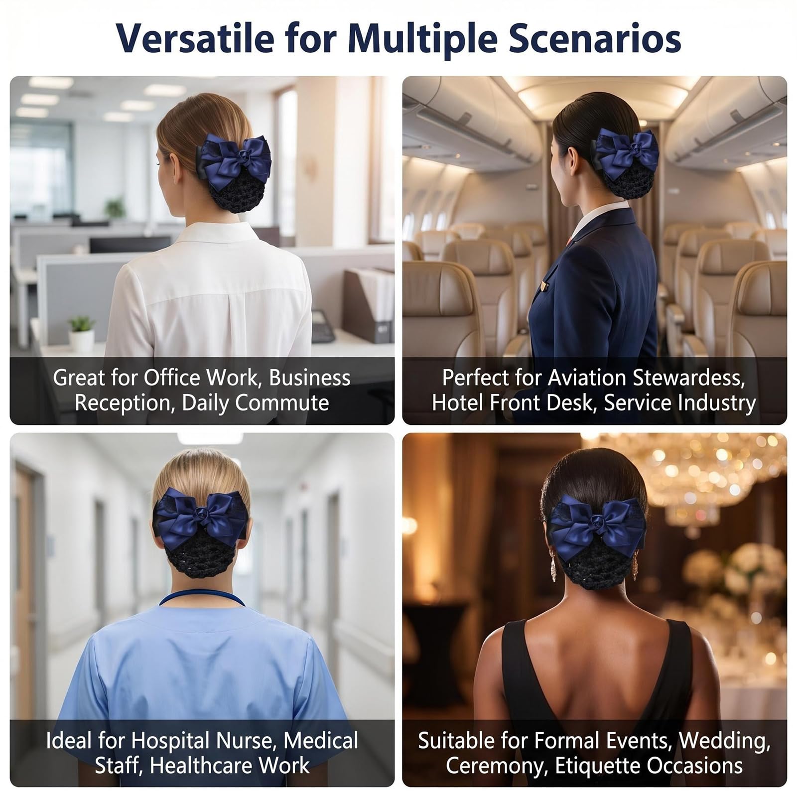 Rete per capelli da donna con fiocco in raso, accessorio per chignon per hostess, banche, alberghi, ristoranti, blu