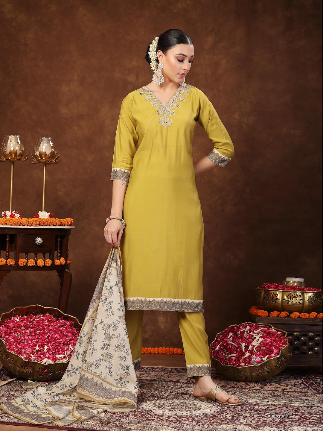 Stylum Women's Mustard Solid & Embroidered Silk Straight Kurta Pant Dupatta Set