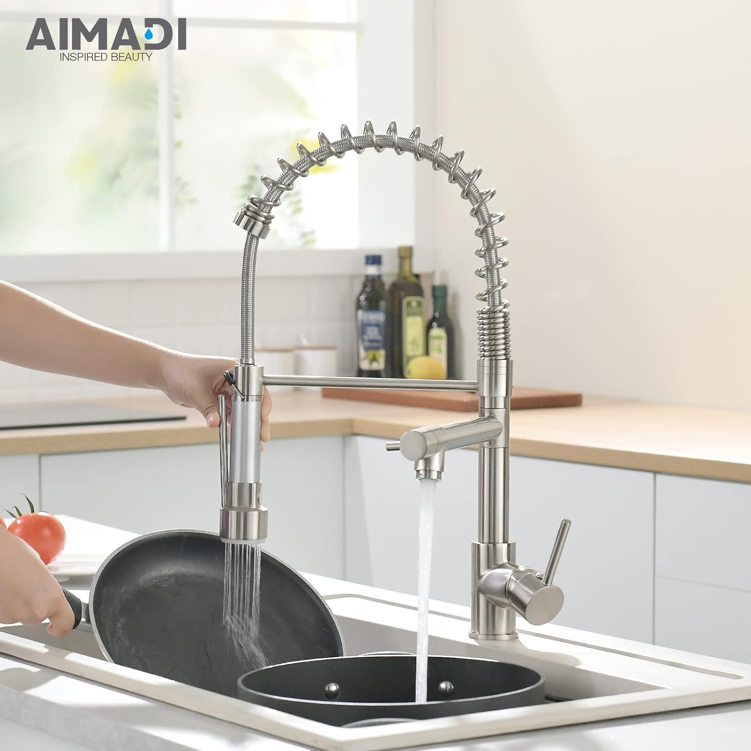 AIMADI Kitchen Faucet with Pull Down Sprayer,Commercial Single Handle High Arc Stainless Steel Brushed Nickel Kitchen Sink Faucet - Image 4