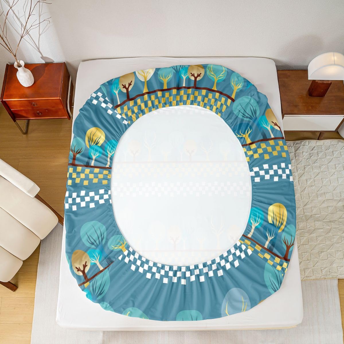 Manfei Juego de sábanas bajeras de 3 piezas, diseño de árbol de dibujos animados, geométrico, abstracto, con 2 fundas de almohada, decoración de habitación infantil y niña, suave (no se vende plana)