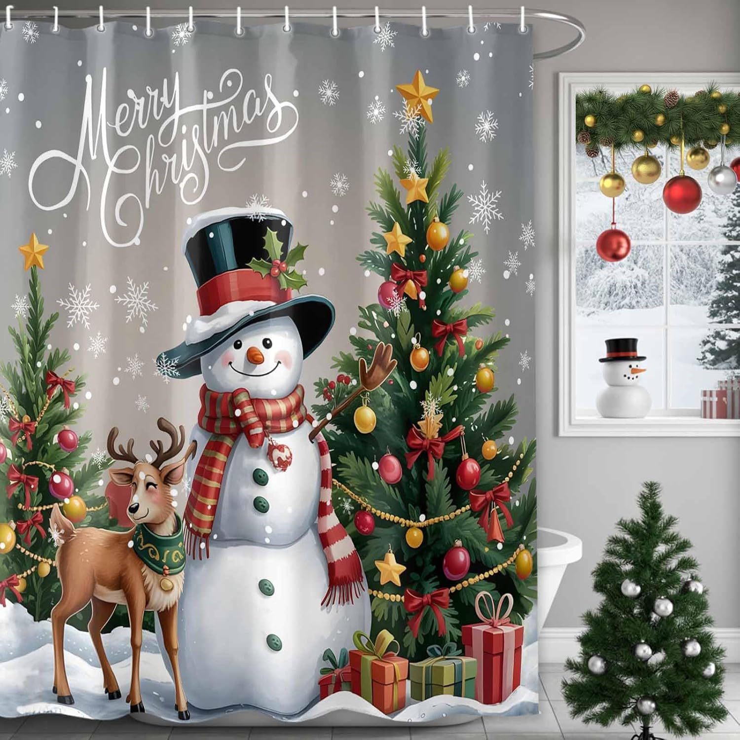 DecorLovee Grey Christmas Shower Curtain, Elk Snowman Waterproof Shower Curtains for Bathroom, Xmas Tree Snowflake Washable Fabric Bathtub Curtain Set Bath Decor with 12 Hooks Long 72"x84"