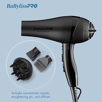 BaBylissPRO Nano Titanium 2000-Watt Blow Dryer with Concentrator Nozzle, Professional Grade Ionic Corded Styling Tool for Hair