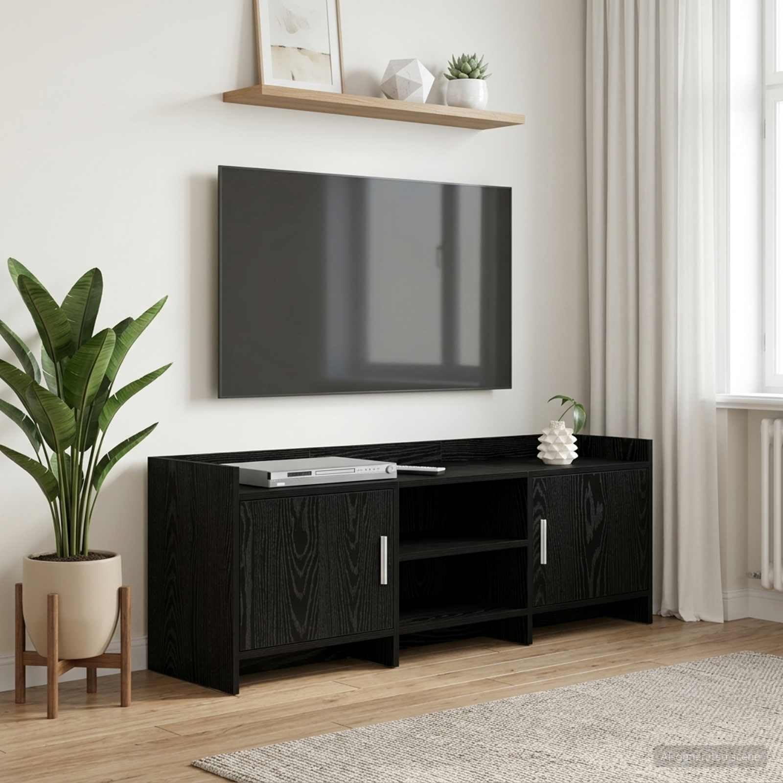 Szafka pod telewizor 130 x 33 x 47 cm, czarny dąb z materiału drewnopochodnego, niska szafka z 2 drzwiami, 2 półki, metalowe uchwyty, miejsce do przechowywania do salonu, kina domowego