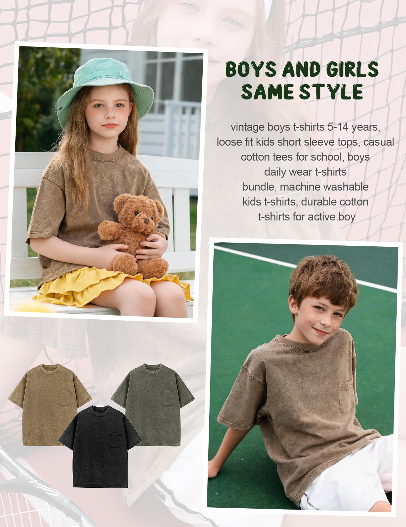 3er-Pack T-Shirts für Jungen und Mädchen, kurzärmelig, säuregewaschene Baumwolle, Kinder-T-Shirts, Sommer-Tops, T-Shirts für 5–14 Jahre