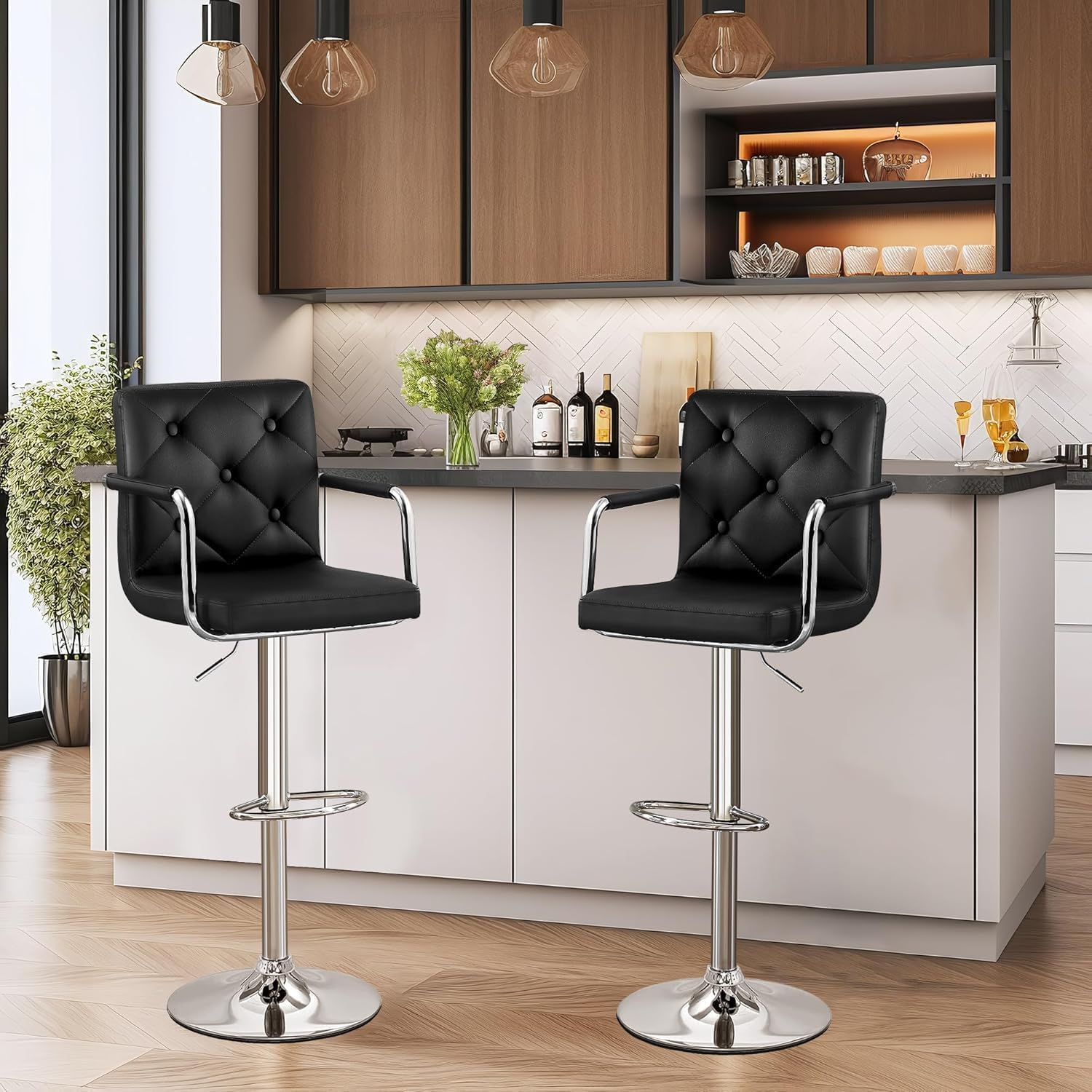 Taburetes de bar, taburetes de bar ajustables, juego de 2, taburete de bar de altura de mostrador con respaldo y brazos, sillas de bar giratorias de piel sintética para cocina/isla, color negro 3