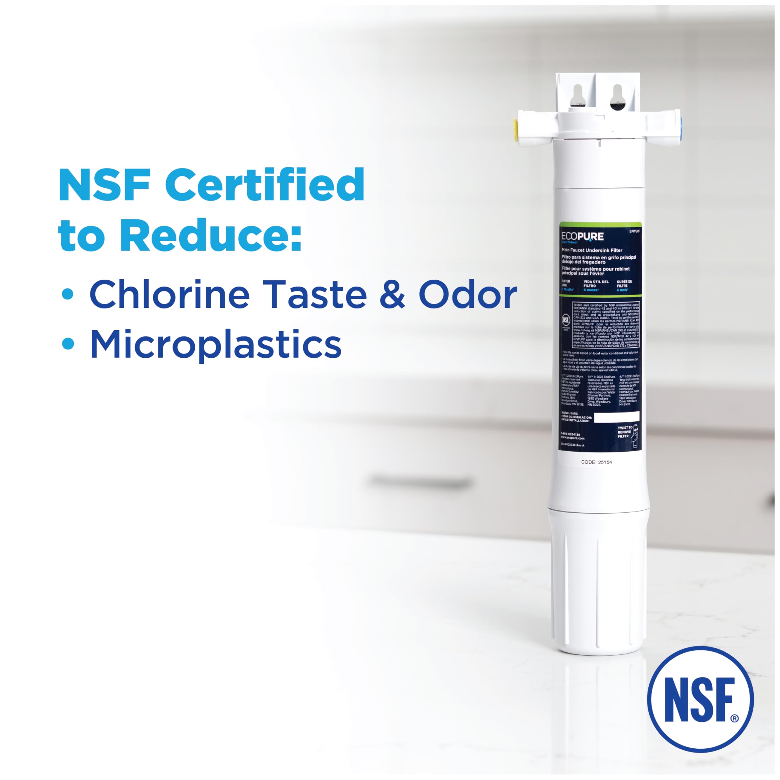 ECOPURE | Système de Filtration Instantanée Sous Évier (EPWUFF)| Installation Facile Directement au Robinet Principal | Réduit Chlore, Sédiments et Kystes | Durée de Vie : 6 Mois/7500L d'Eau