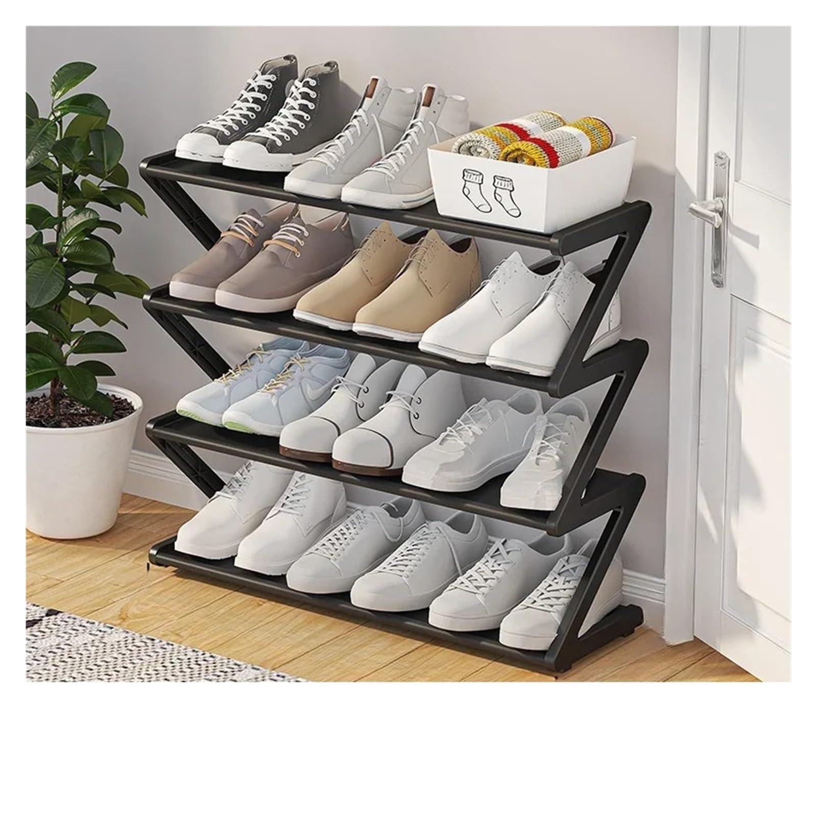 Prosty niski stojak na buty do sypialni łatwy montaż przechowywanie tkaniny wielowarstwowa półka do akademika czarny 42 x 18,5 x 49,5 cm oszczędność miejsca ekspozycja obuwia