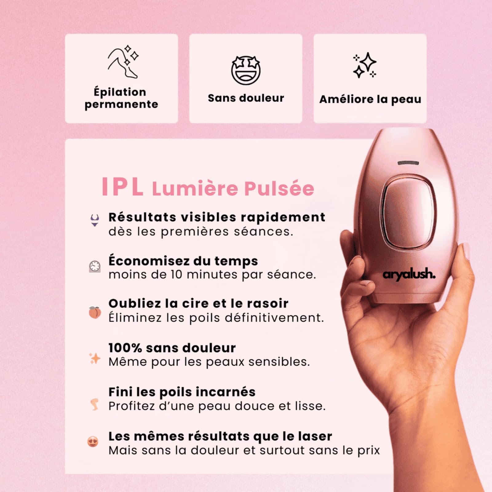 aryalush IPL PULSE • ÉPILATEUR À LUMIÈRE PULSÉE，Épilation à Lumière Pulsée pour Femmes et Hommes | Épilation Laser à Domicile pour Visage, Bras, Jambes, Corps et Maillot