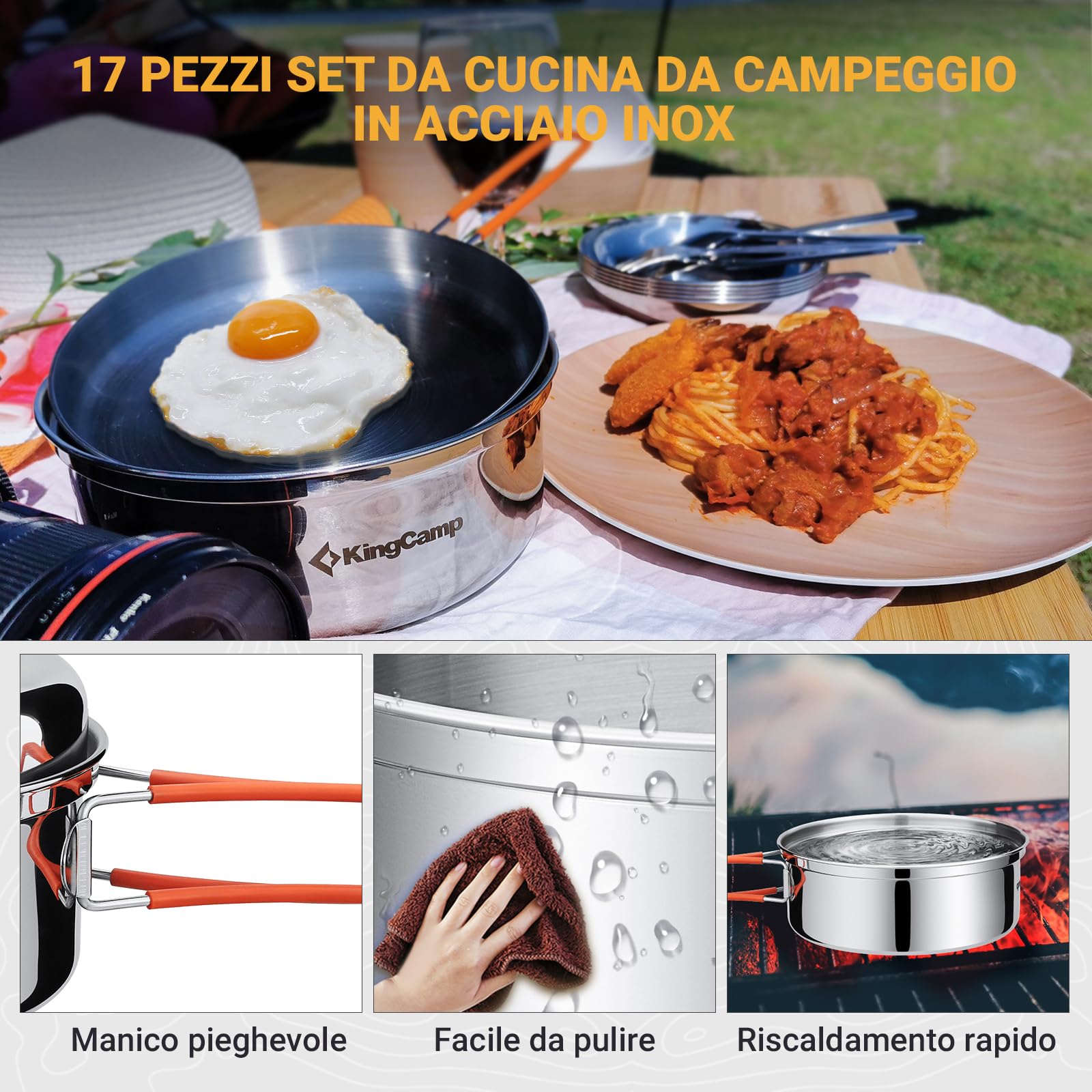 KingCamp Set di pentole da Campeggio, stoviglie da Campeggio in Acciaio Inox, Leggero e Portatile, Include pentola, Padella, Posate, Piatti e Ciotole, Set Pieghevole Ultraleggero