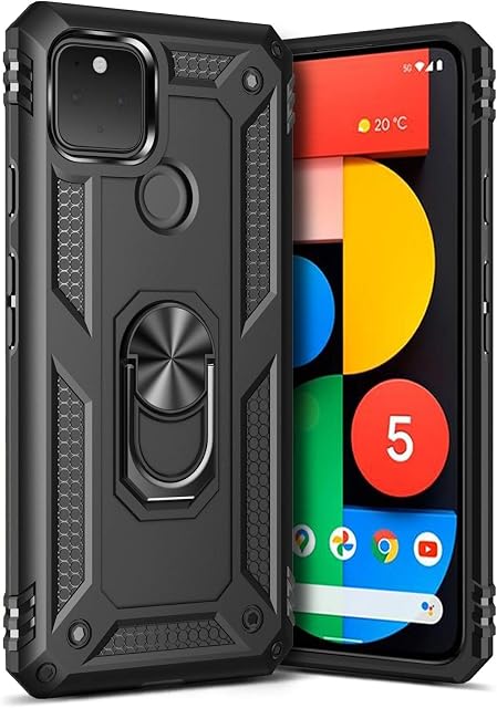 Ring Kickstand Phone Case for Google Pixel 5 (2020),Heavy Duty Dual Layer Drop Protection Case for Pixel 5,Hard Shell + Soft TPU + Ring Stand Fits Magnetic Car Mount,Black