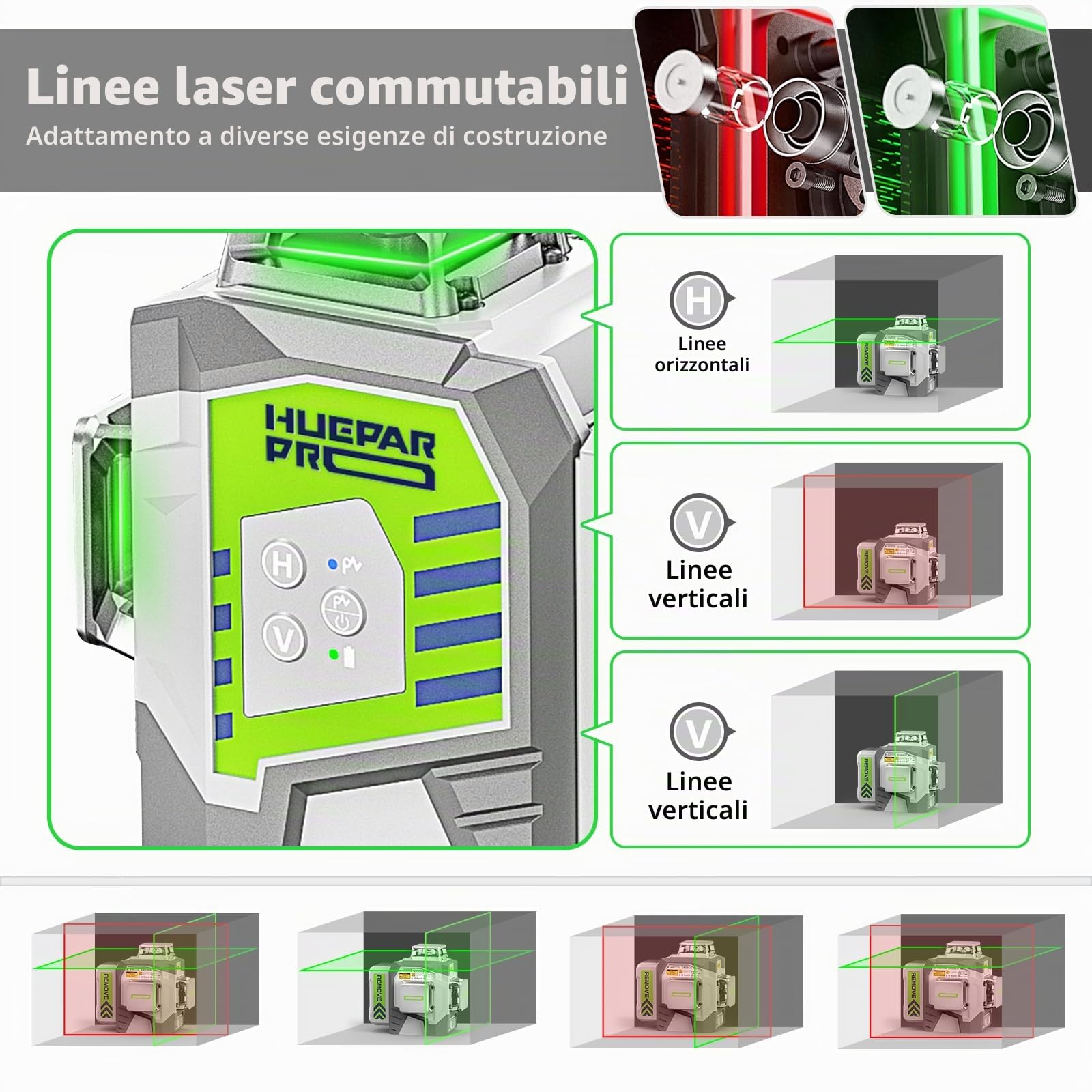Huepar Pro cross line laser 3 * 360 gradi autolivellante rosso verde livella laser, alta precisione 3D livella laser ZK3CRG