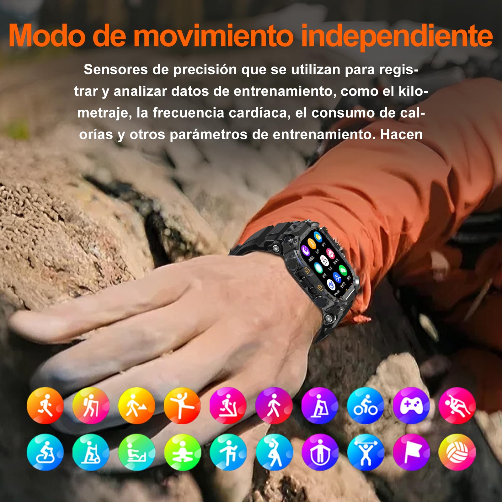Reloj inteligente militar para hombre (almacenamiento de música), reloj inteligente de 2 pulgadas para Android e iOS, rastreador de fitness con linterna/auriculares TWS conectables pero (Negro)