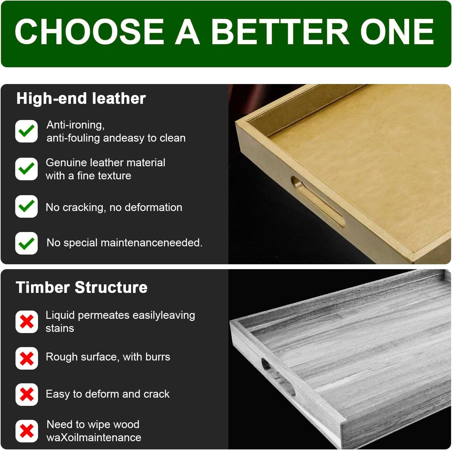 20 * 14 inches Leather Rectangle Serving Tray with Hole Handles,High-End Light Large Service Tray for Ottoman Tray, Tea, Food, Butler - Countertop, Kitchen,Family Dinner, Picnic (Brown) - Image 2