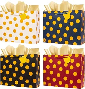 ZJHiome 4 Pack Large Gift Bags - 12.6'' Paper Gift Bags with Tissue Paper - Assorted Glitter Pattern Treat Bags for Presents & Holidays