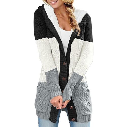 Sidefeel Women's Cardigan Sweaters Hooded Fleece Lined Button Down Front Jackets Winter Coat with Pockets
