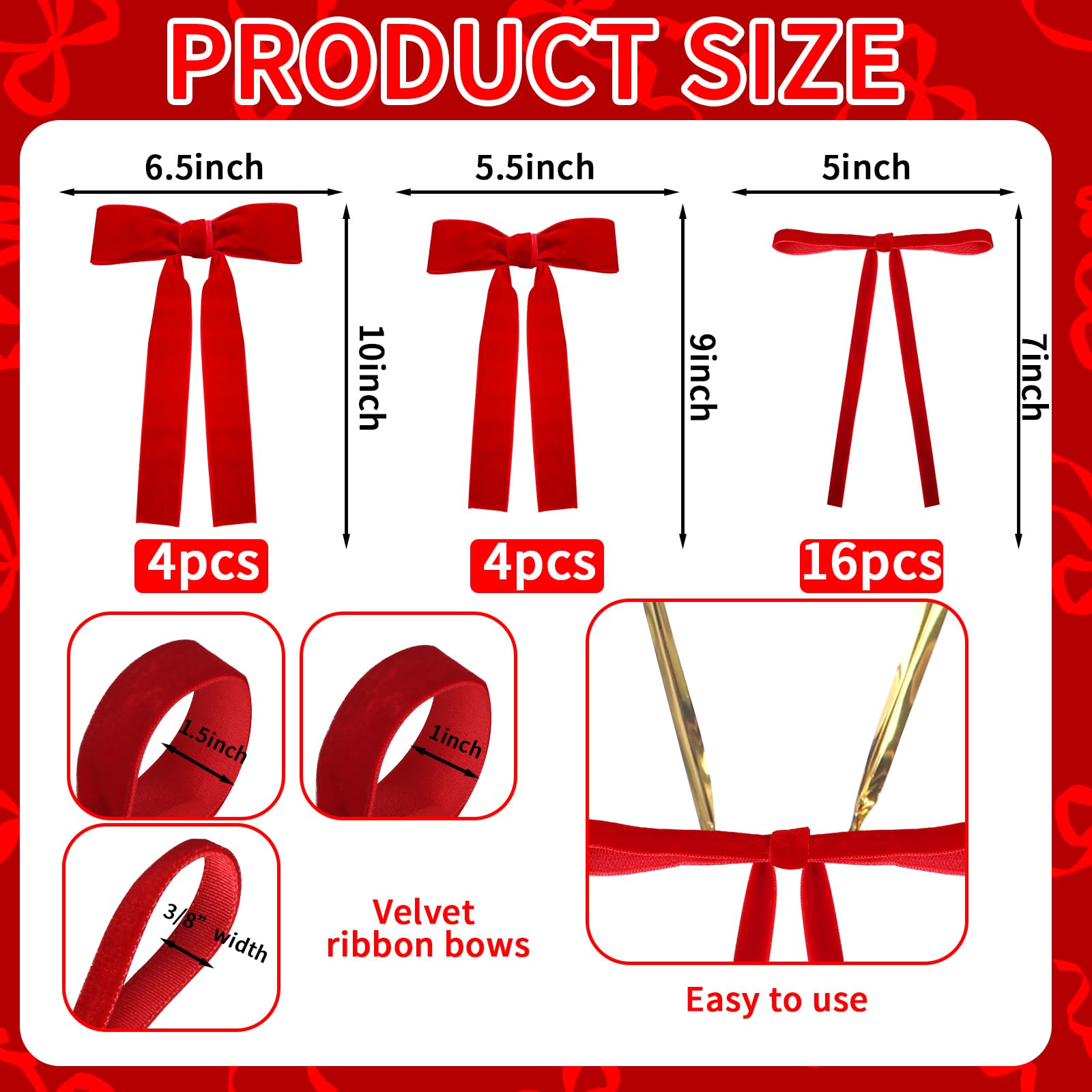 Tkifoda 24 Pcs Velvet Christmas Bows, Christmas Wreath Bow Bulk Ribbon Velvet Wreath Bows Christmas Handmade Tree Topper Ornament for Gift Wrapping Xmas Outdoor Indoor Wedding Decoration(A-Red)