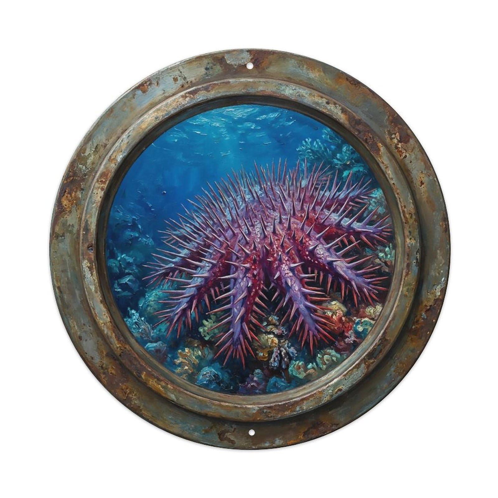 Vintage Porthole Crown Thorns Starfish Ship Window Undersea Deep Sea Metal Tin Sign