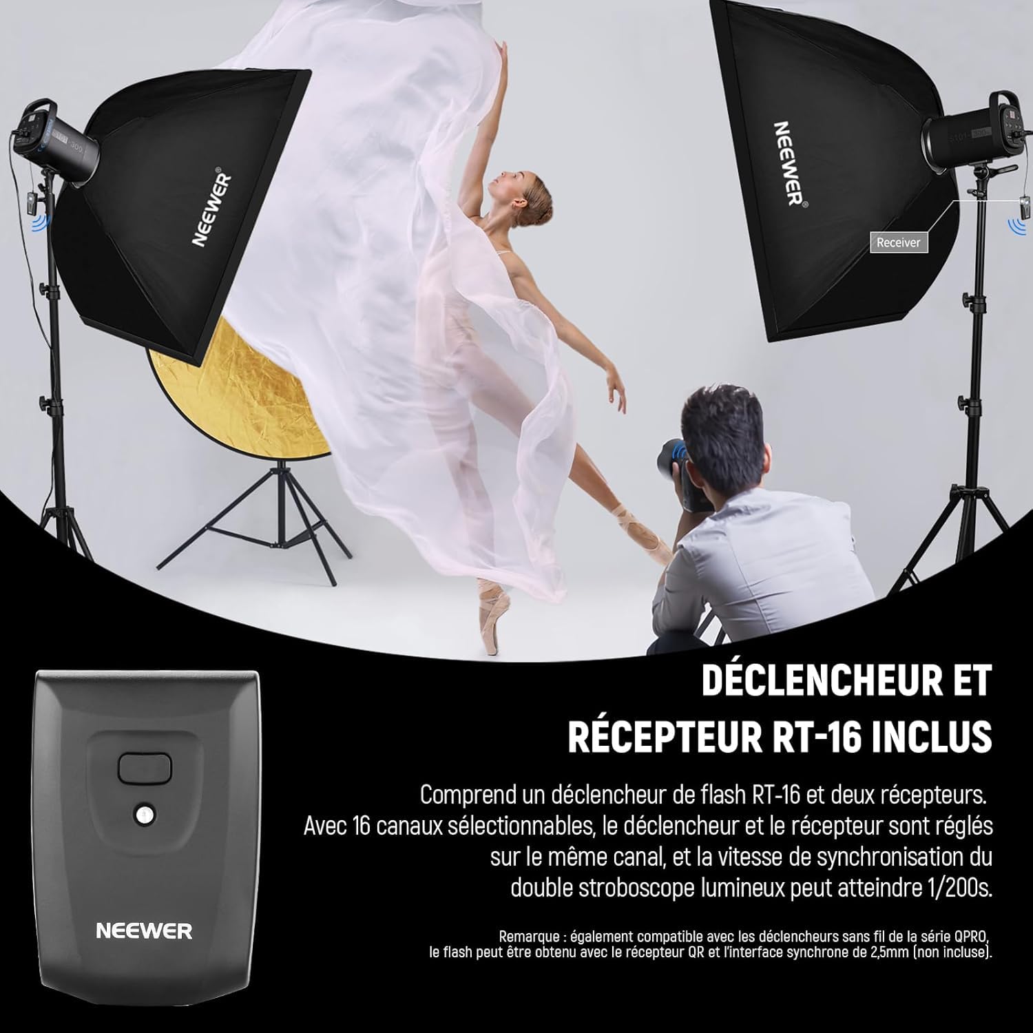 NEEWER Kit Flash monolight Studio 600W : 2 x lumières stroboscopiques S101-300W 5600K avec lumières de modélisation 150W/monture Bowens/boîte à lumière/Supports, réflecteur/déclencheur RT-16/sac