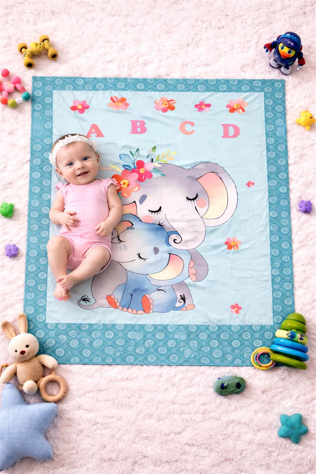 Baby Blanket 51 * 43 Inch ABC Alphabet Learning Surface with Cute Elephant Print Foldable Washable Crawling Mat for Infants & Toddlers Non-Slip Play Area Cotton Blend 1