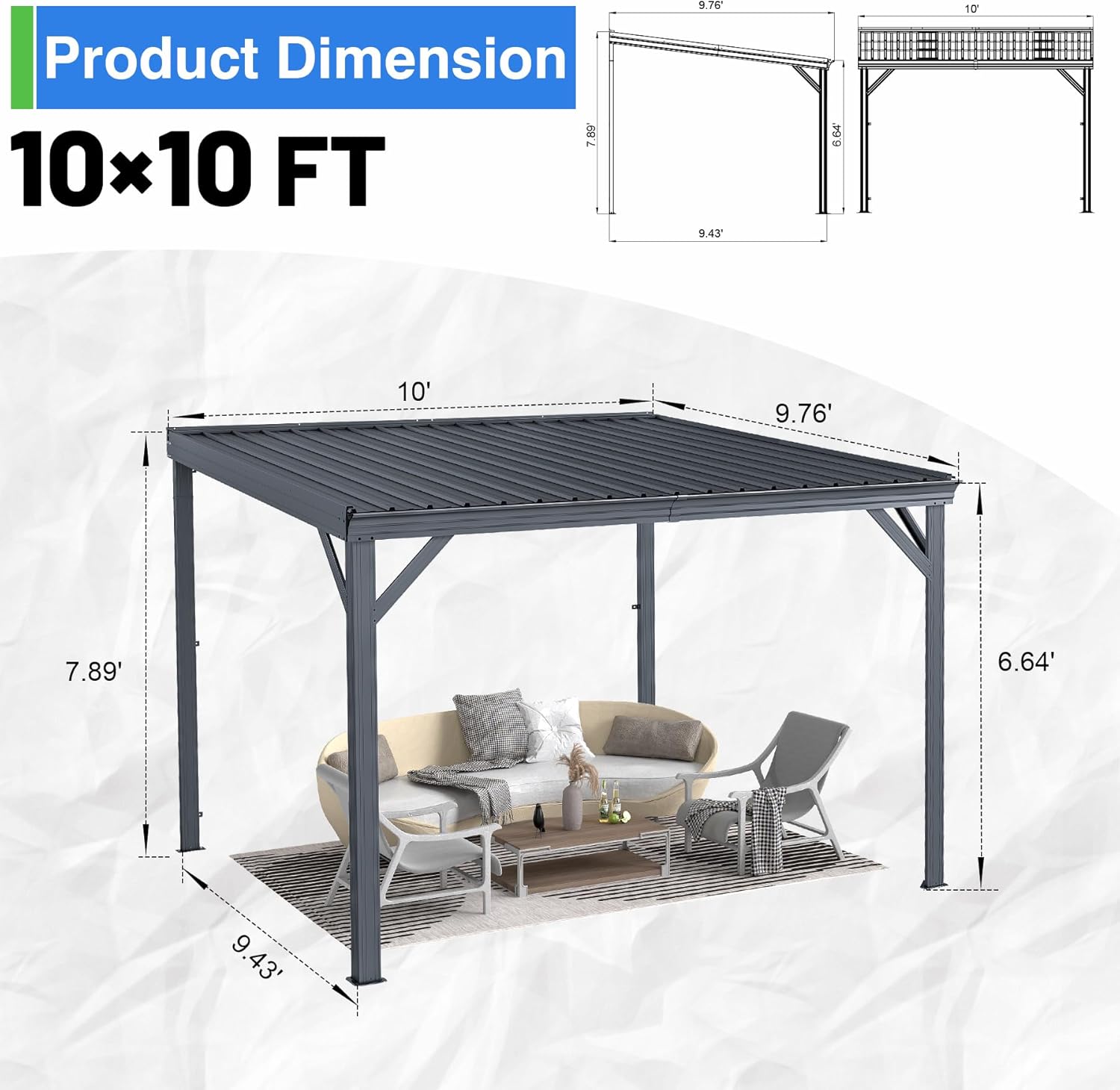 10x10FT Lean to Gazebo, Outdoor Hardtop Wall Mount Gazebo with Gutter & Sloping Galvanized Steel Roof, Metal Hard Top Awnings for Deck, Porch, Backyard