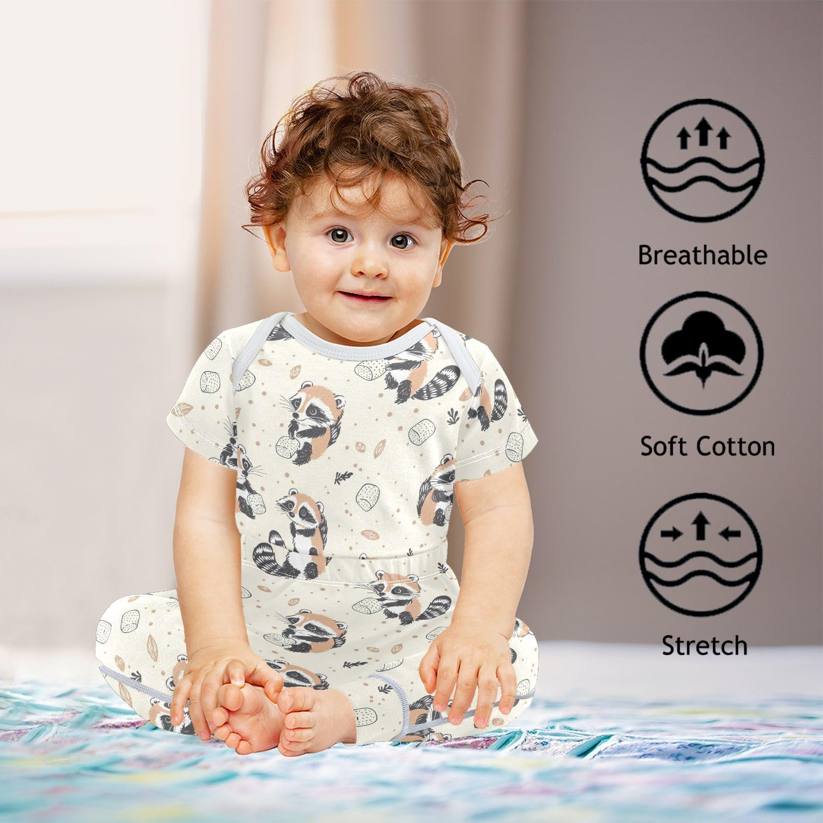 vvfelixl Raccoon Wash Marshmallows Baby Layette Sets,Baby Bodysuits Set Unisex Short Sleeve Babys Pants Sets 9-12M
