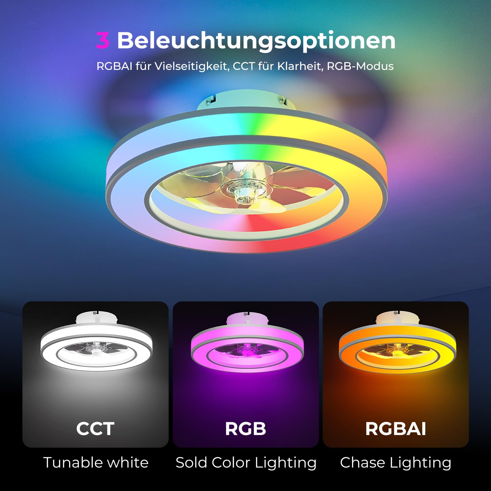 Peasur Leiser Deckenventilator mit Beleuchtung RGBAI, Smart APP Deckenleuchte mit Ventilator Fernbedienung, 6 Windstufen, Sommer/Winter Funktion, für Schlafzimmer Wohnzimmer, Ø40CM