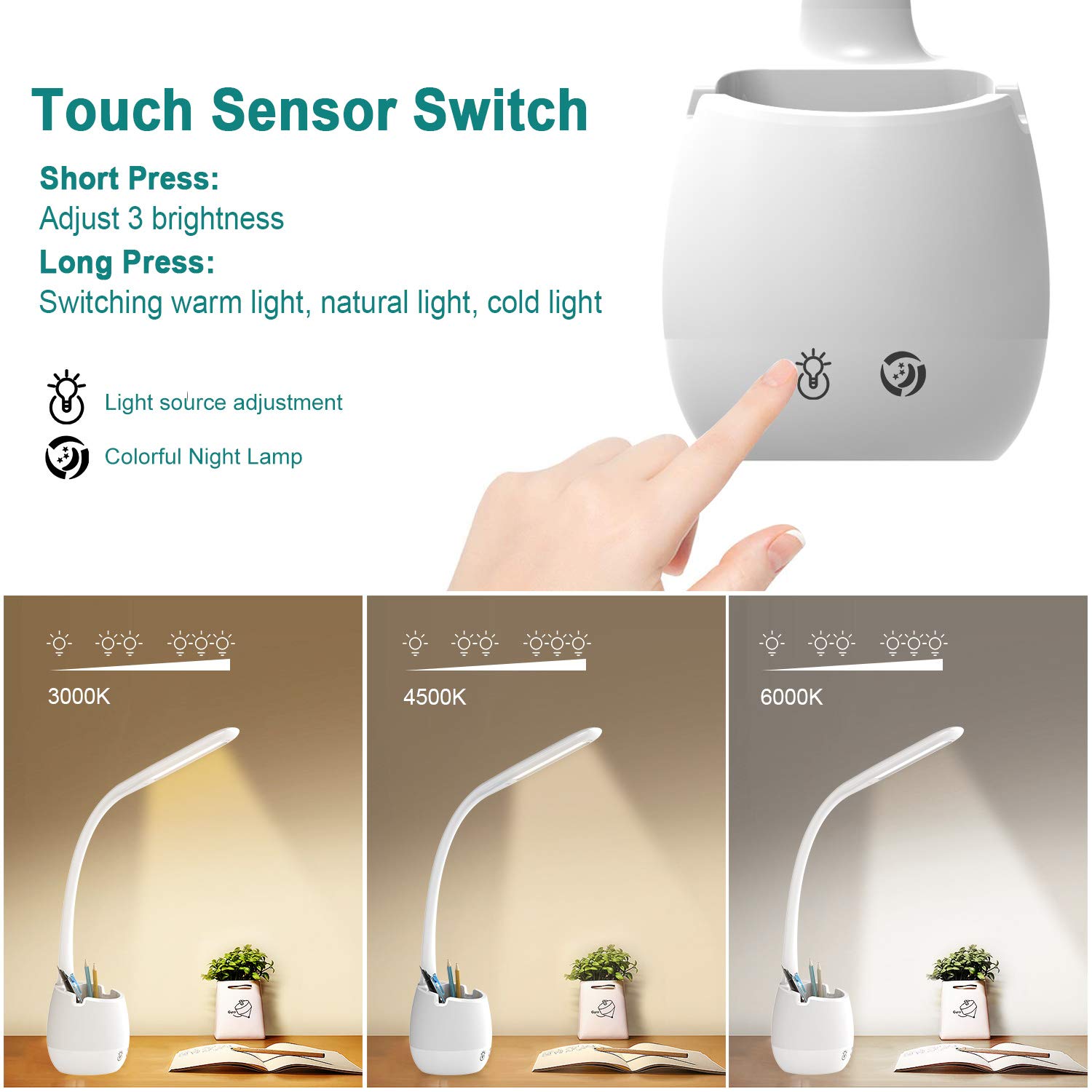 ERAY Lampe de Bureau Enfant, Lampe de Table D'étude Eye Caring avec Porte-Crayon/Batterie 2000mAh/8 Veilleuse Colorée/3 Modes/3 Niveaux de Luminosité/Contrôle Tactile, Lampe de Chevet pour Enfants