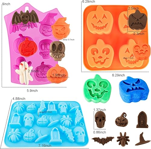 Miniatura 2 de Moldes de silicona para chocolate, 5 unidades, calabaza, murciélago, cráneo, fantasma, araña, moldes para hornear, cavidad grande, mediana y pequeña
