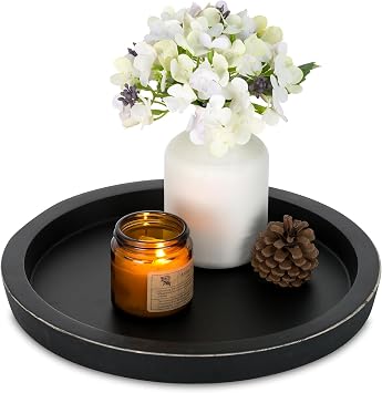 Hanobe Wooden Tray for Coffee Table Candle Holder Plate Black Round Decorative Serving Tray - Vintage Table Centerpiece Rustic Farmhouse Home Decor