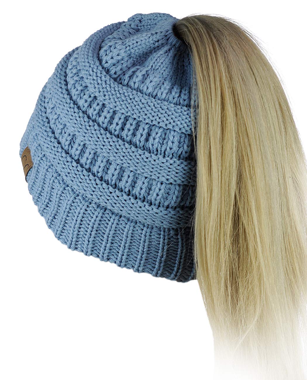 CC BeanieTail Soft Stretch Cable Knit Messy High Bun Ponytail Beanie Hat, Denim