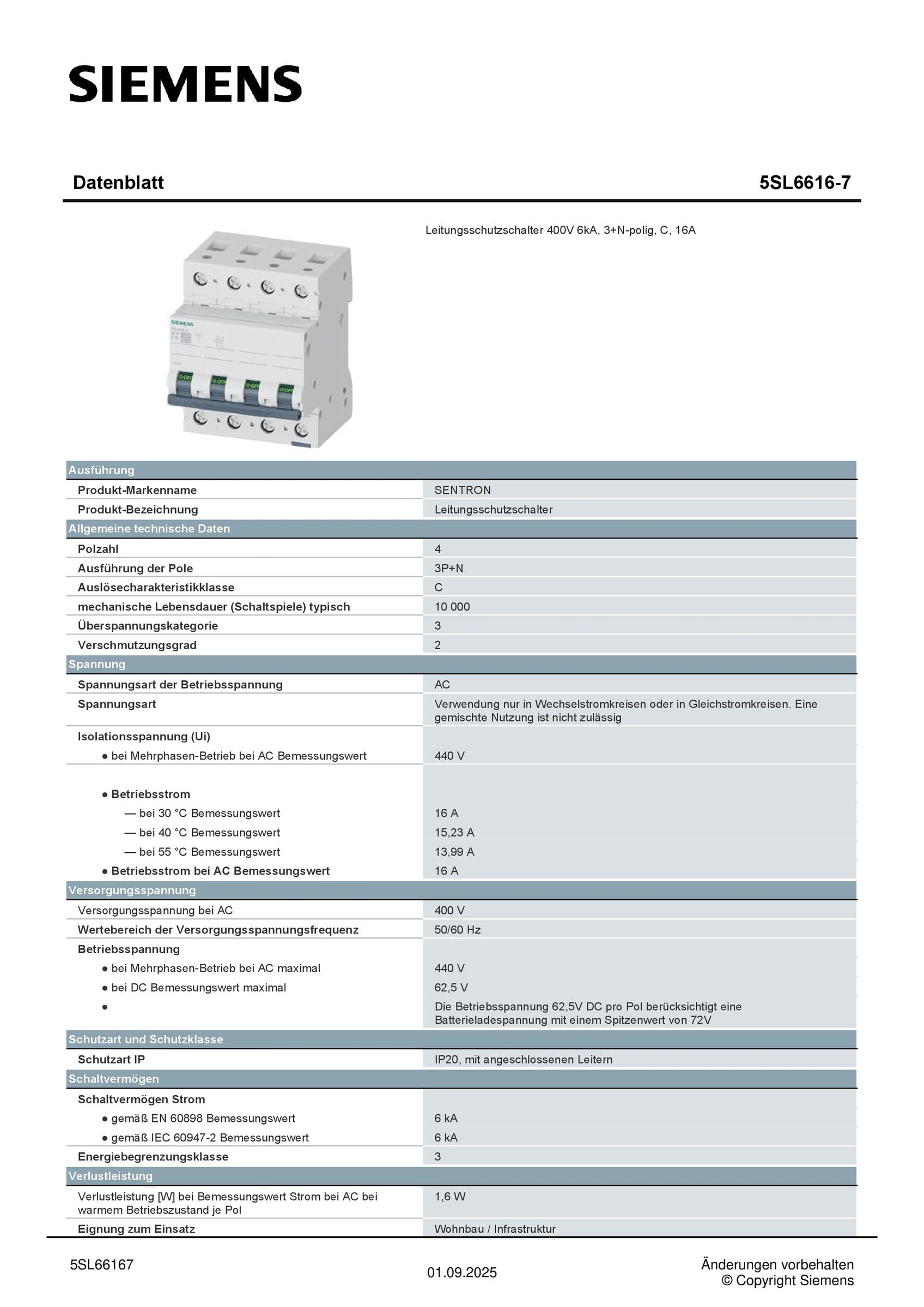 AUT.MAGNETOT.400V 6kA 3+N P C 16A