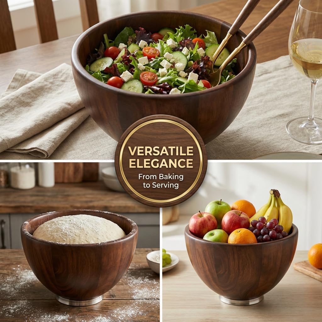 Premium Wood Mixing Bowl, Compatible with 4.5-5 Qt Tilt-Head Stand Mixers, Walnut Wooden Bowls, 5 Qt Kitchen Aid Bowls for Mixer with Stainless Steel Locking Base