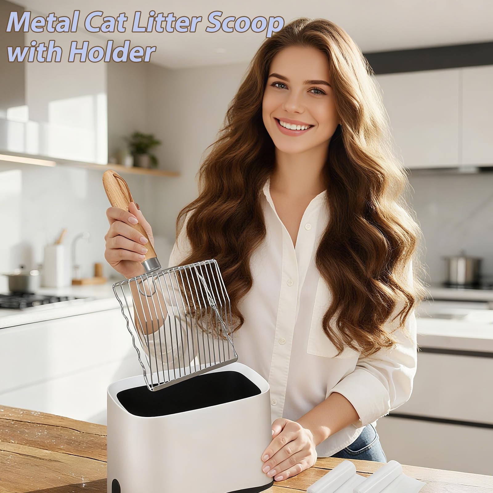 PIPIMOO Cat Litter Scooper with Holder, Metal Cat Litter Scoop, Stainless Steel Sifting Shovel, Poop Sifter&Speed Sifter, Heavy Duty Wood Grip Kitty Litter Scooper for Easy Cleaning, Cats Accessories - image 4