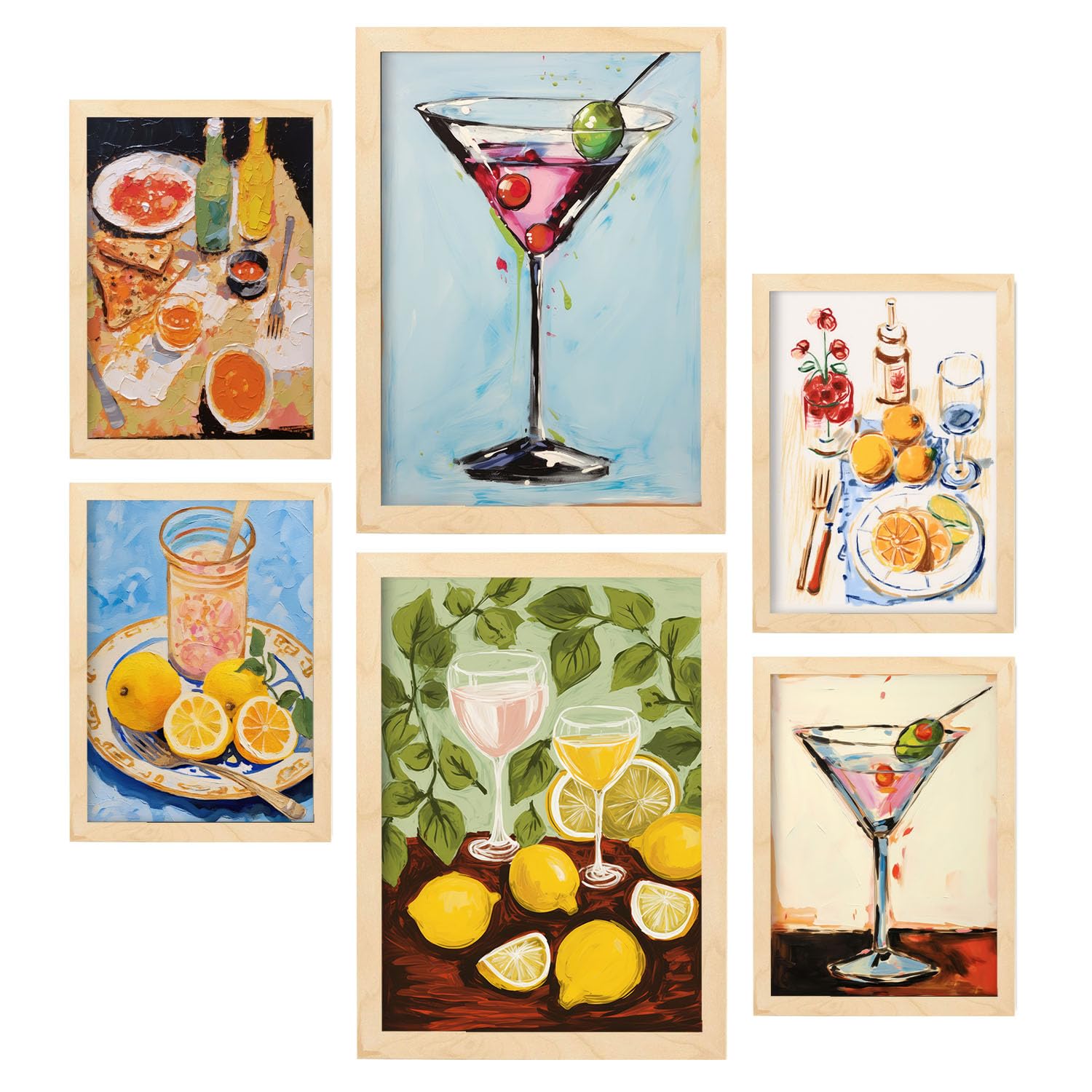 Nacnic Set de 6 Bebidas Posters. En Póster de los amantes de la comida. Cuadros decorativos estéticos para su sala de estar, dormitorio, hogar Tamaños A4 y A3 con marcos de madera ligera