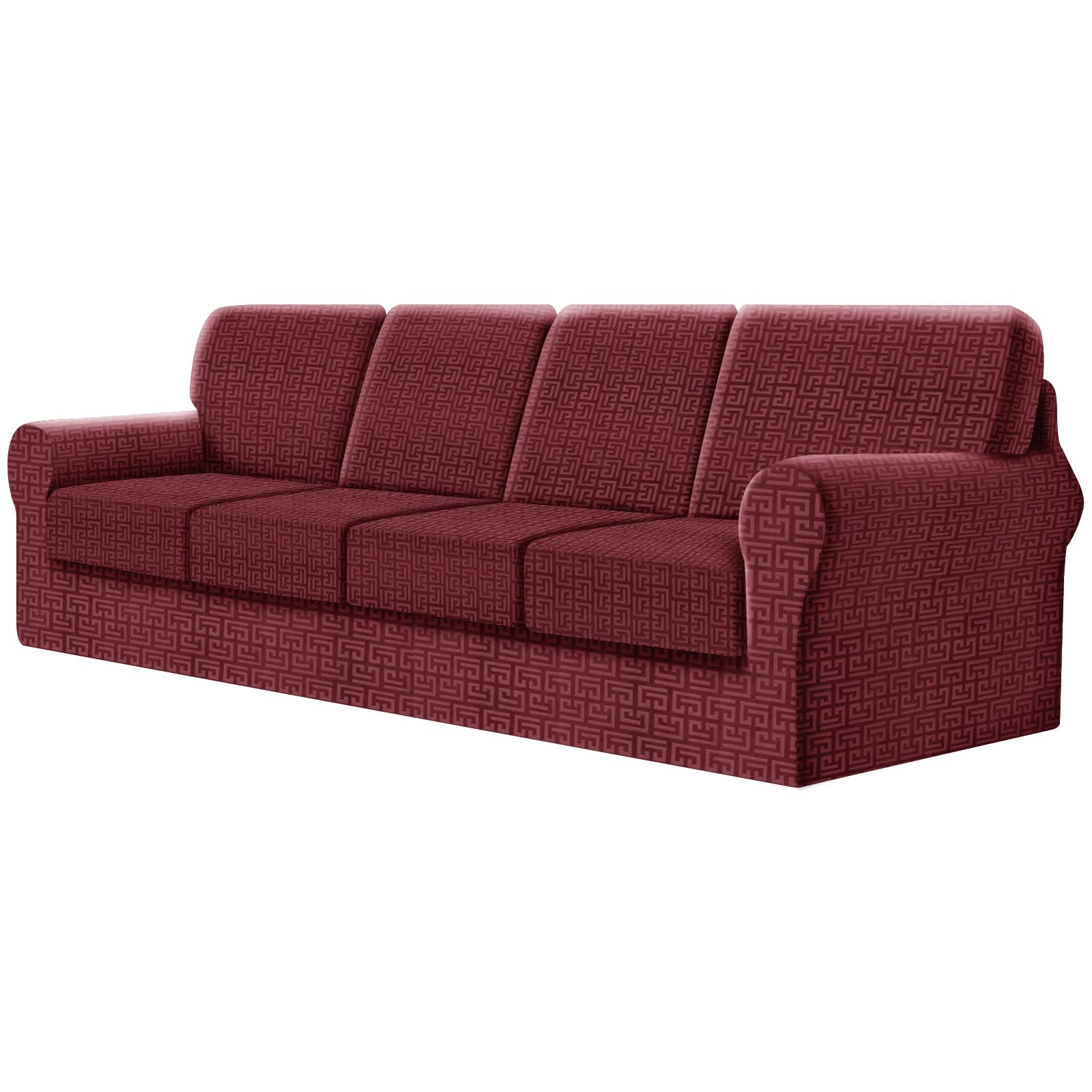 SYLC Fitted Sofa Cover 4 Seater, 9 Piece Sofa Slipcover With 4 Seat Cushion Covers And 4 Backrest Covers, Settee Covers Stretch Velvet Anaglyph(Rose Red,X-Large Sofa - 9 PCS)