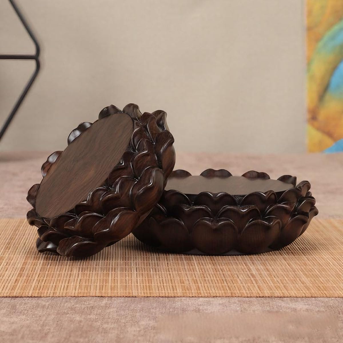 GOLDY&WENDY Oriental Lotus Base Solid Wood Ebony Pedestal Stand, Handmade Pooja Stand & Chinese Plant Stand for Buddha