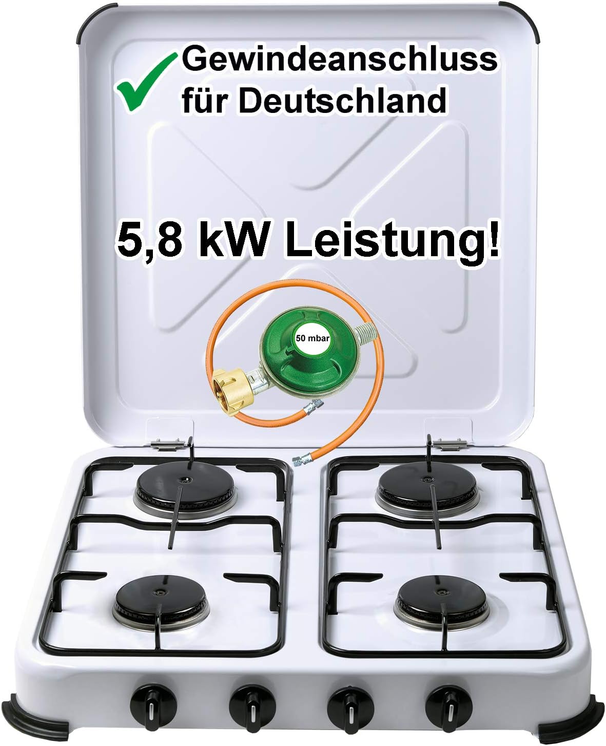 Bluecraft Campingkocher 4 flammig Gaskocher mit 5,8 kW Leistung für Gasflaschen Vierfach Gasherd mit Zubehör 50 mbar Gasregler Gasschlauch für Camping Outdoor Garten & Freizeit