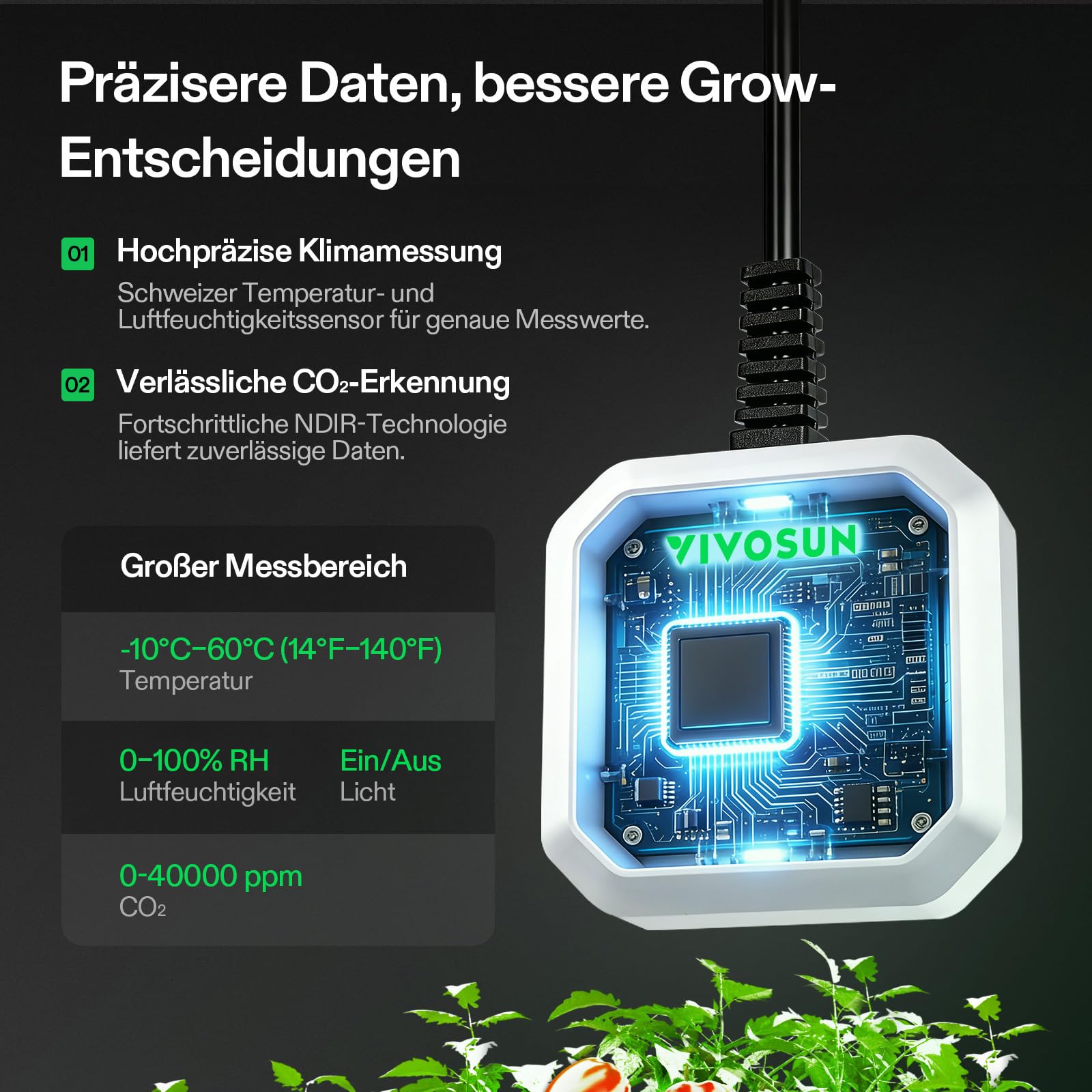 VIVOSUN 4-in-1 Sensor für Temperatur, Luftfeuchtigkeit, CO2 und Licht | VPD Monitoring, hohe Genauigkeit, kompatibel mit GrowHub E42A+ für Growzelt & Indoor Pflanzen