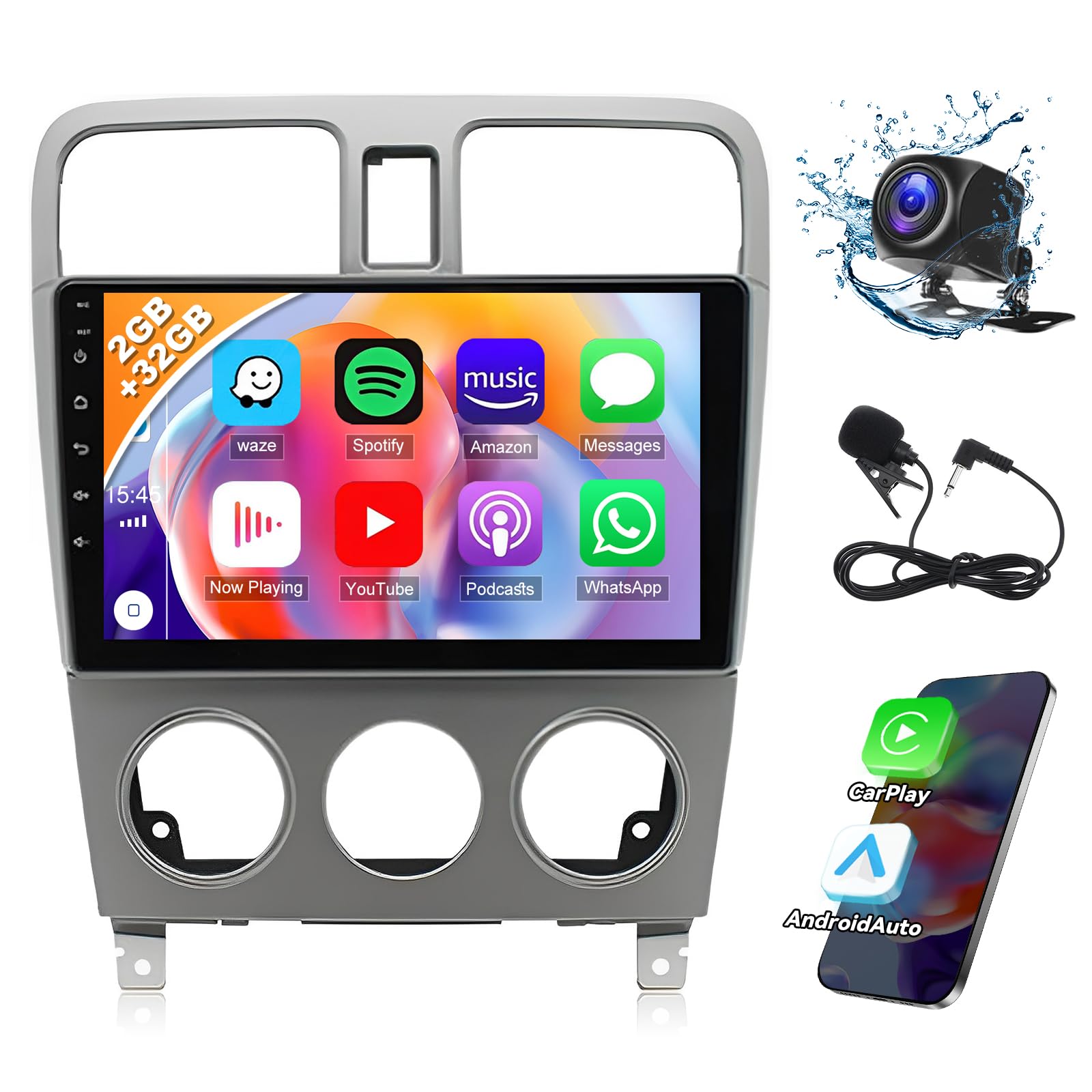 EWLSAC Android 13.0 Car Stereo Double Din for Subaru Forester 2002-2008 9 Inch HD Touch Screen Car Audio Multimedia Receiver with Carplay Android Auto GPS Radio Navigation Bluetooth Camera(2G+32G)