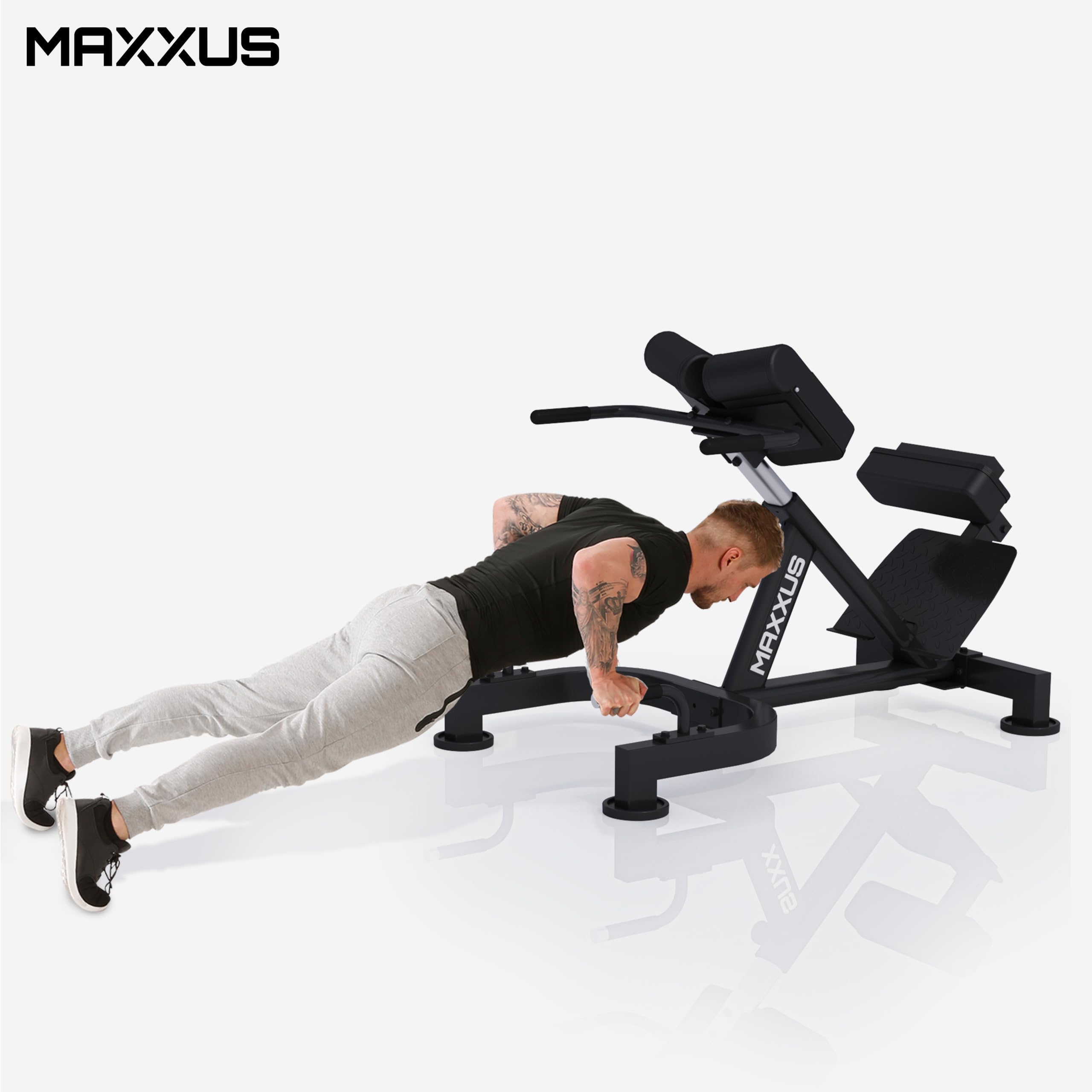 MAXXUS Hyperextension - Allenatore per la schiena, regolabile, fino a 150/180 kg, con fissaggio alle gambe, maniglie, per addominali, panca romana, allenamento multifunzionale, per casa, fitness
