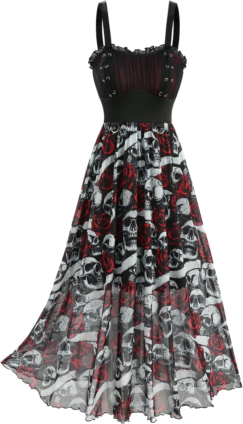 DRESSFO Women Gothic Skull Rose Dress Grommet Lace Up Ruched Ruffles A-Line Tank Midi Dress