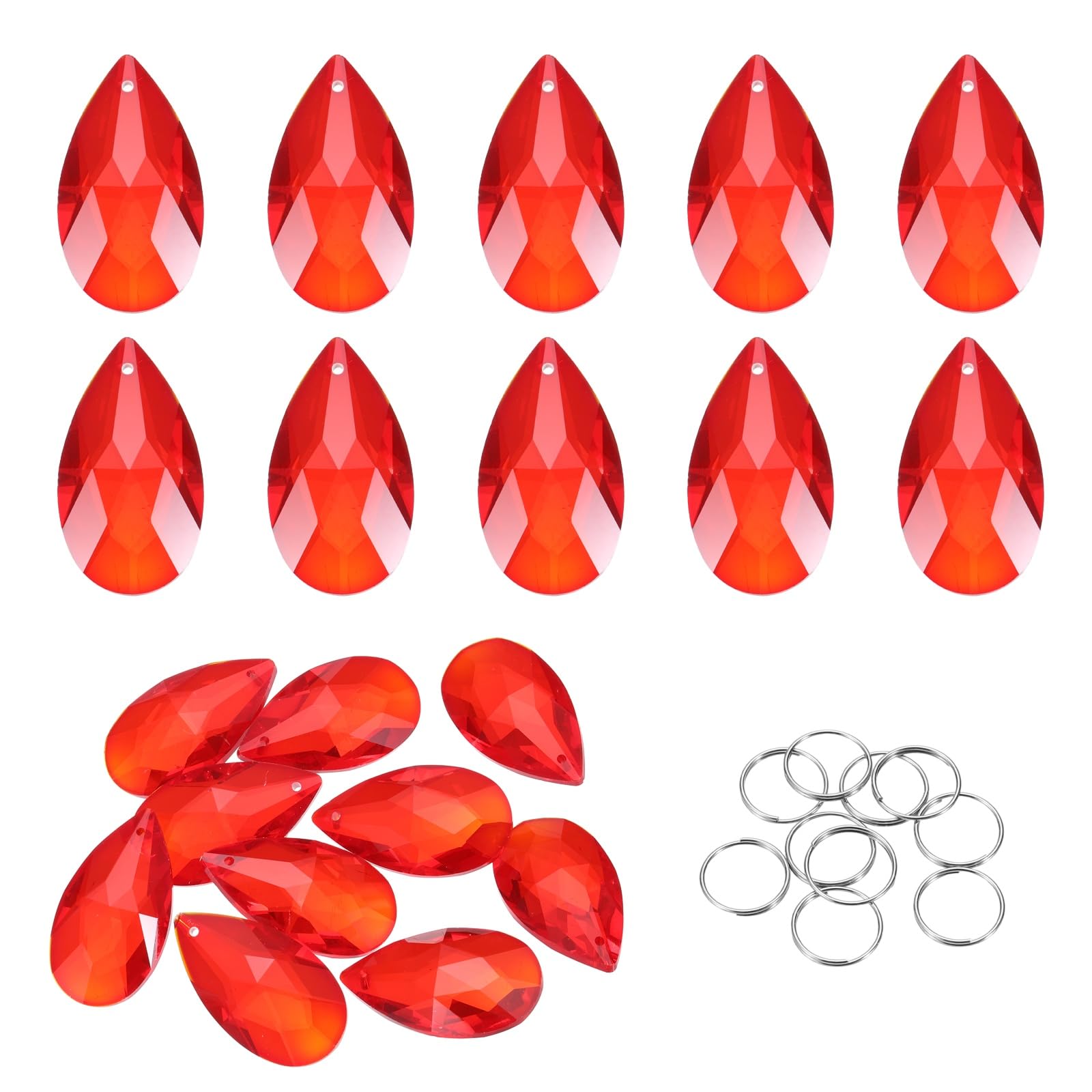 sourcing map 10Pcs Teardrop Crystal Beads, 38mm K9 Glass Hanging Chandelier Bead Prisms Part with 304 Stainless Steel Ring for Crystal Chandelier Lamp Pendant Jewelry, Red