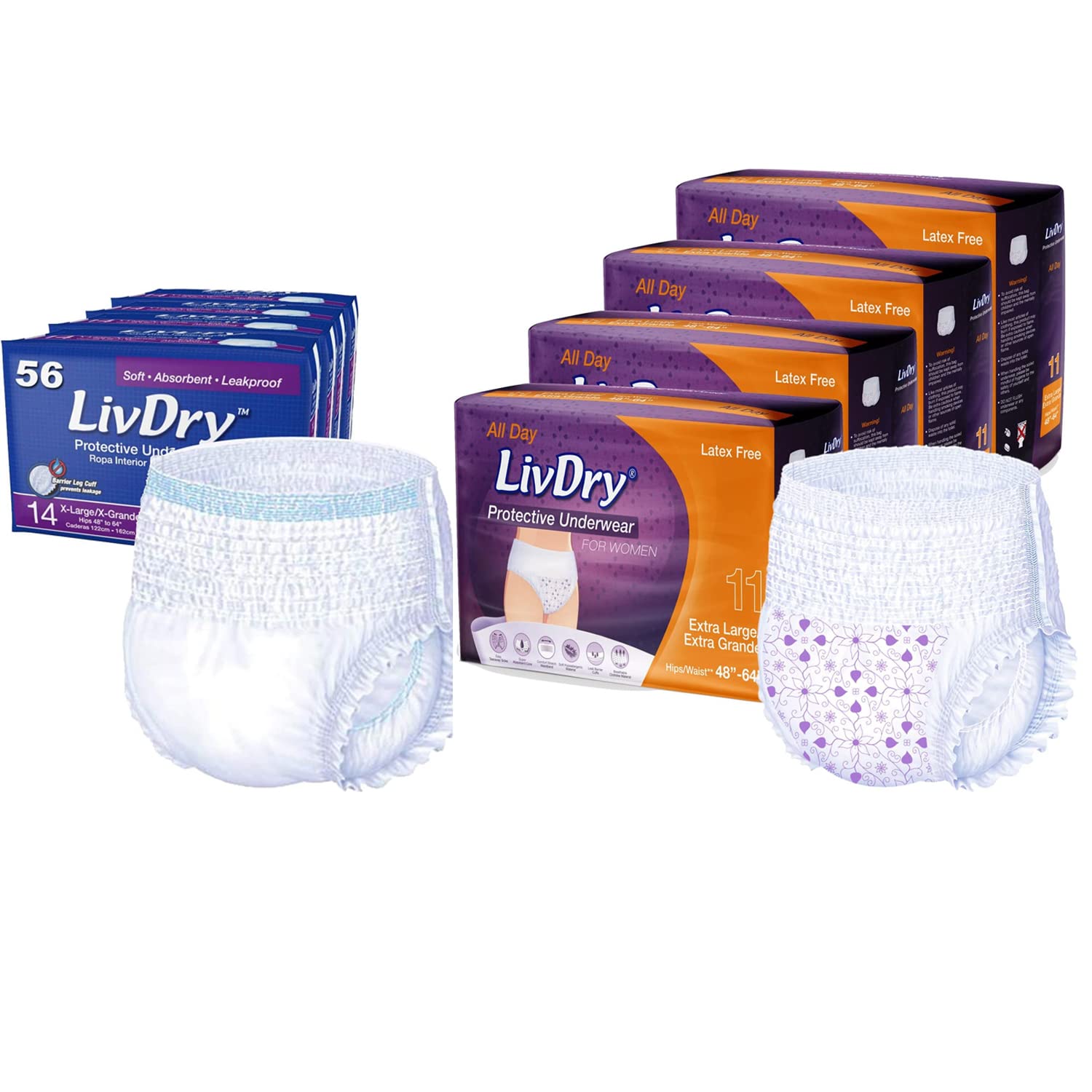 LivDry Adult Incontinence Underwear, Extra Absorbency with Women's All Day Bundle - Extra Large, Case