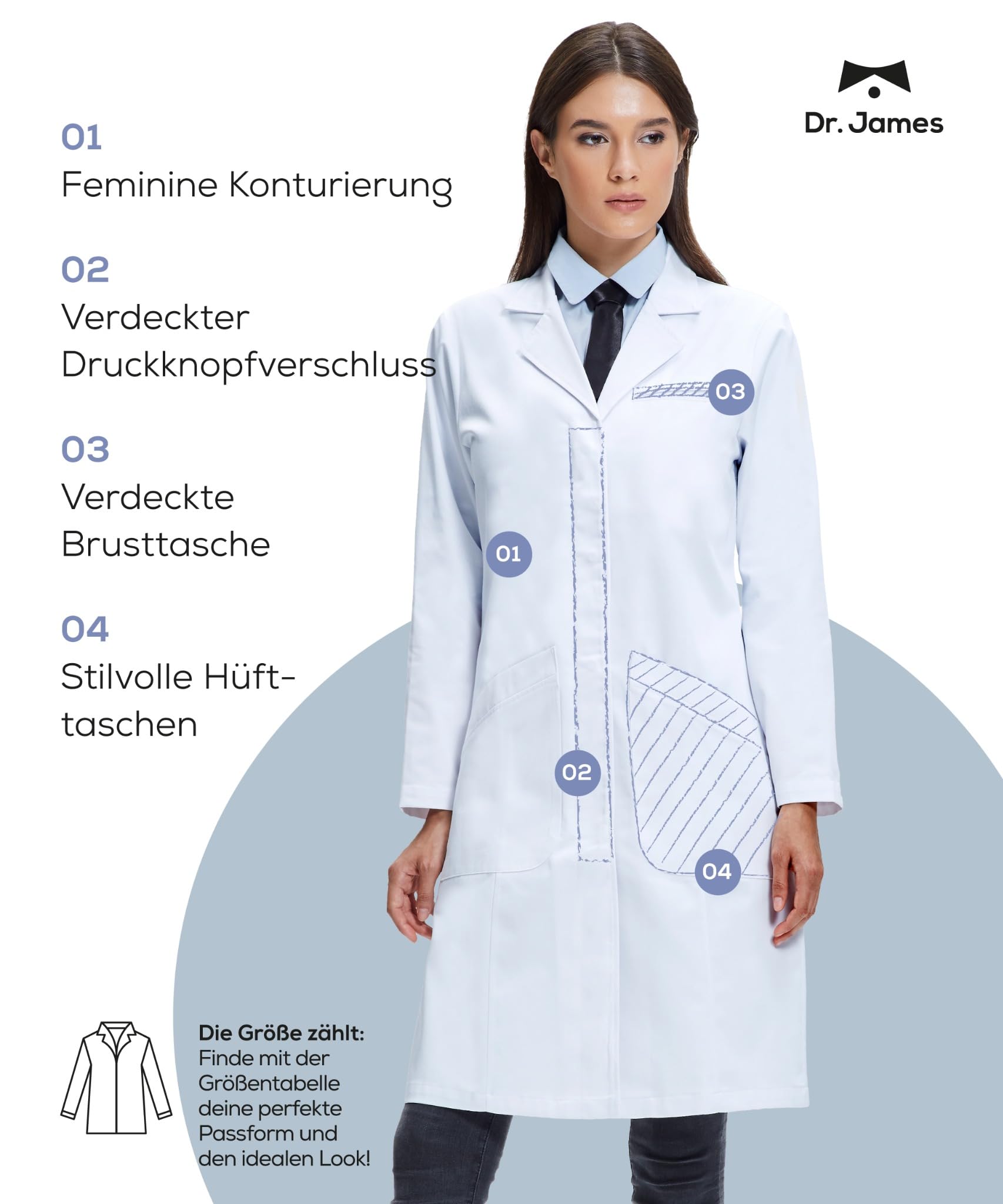 Dr. James Laborkittel Damen 100% Baumwolle, Klassischer Regular Fit Arztkittel mit verdeckten Druckknöpfen, 3 Taschen & 94 cm Länge, OEKO-TEX® zertifiziert, Weißer Medizin Kittel