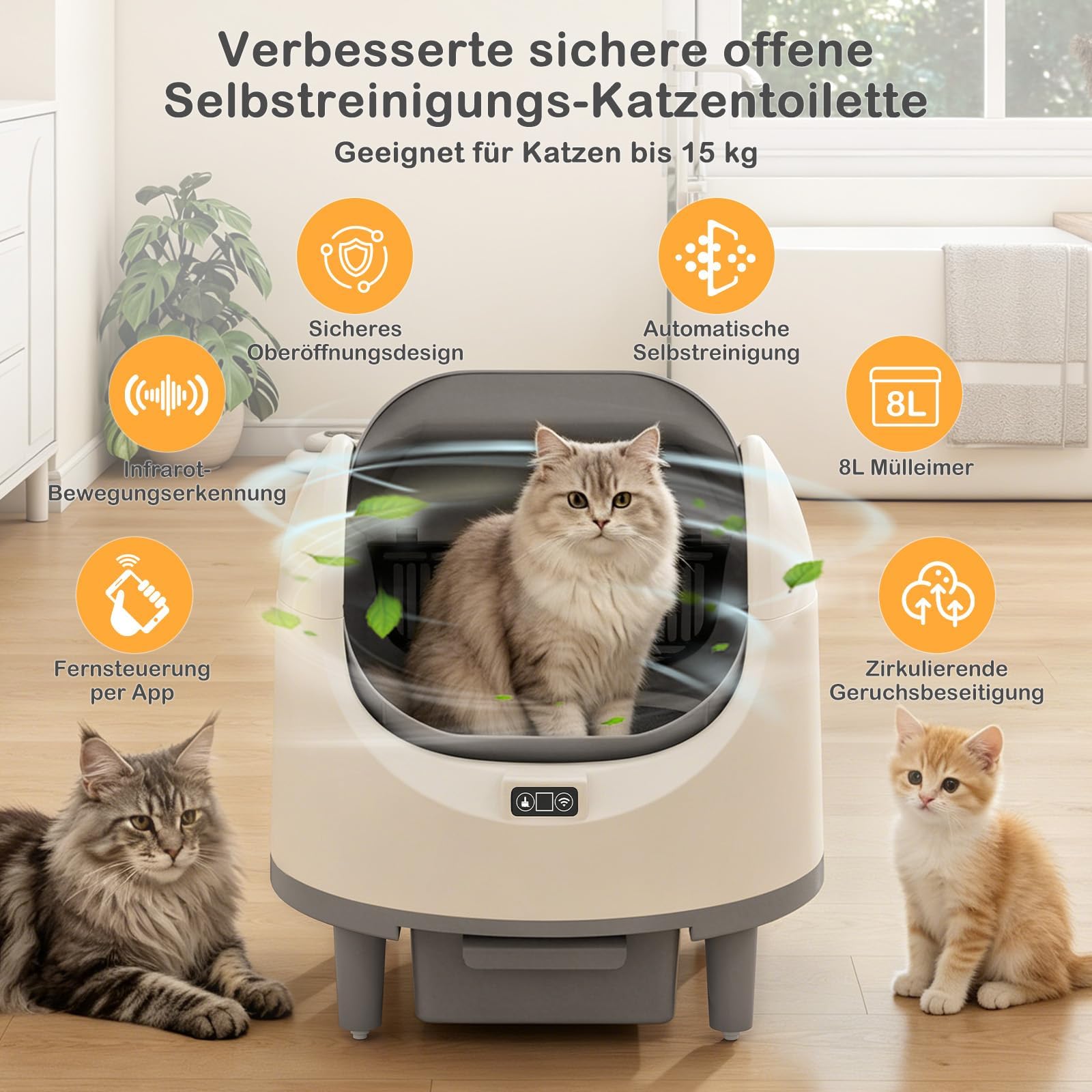 Selbstreinigende Katzentoilette,XXL Katzenklo,mit App-Steuerung | Oben Offene Katzenklo Selbstreinigend,Geruchsbeseitigung,Sicherheitssensor,mit Müllbeutel,Aromabox,für Mehrere Katzen