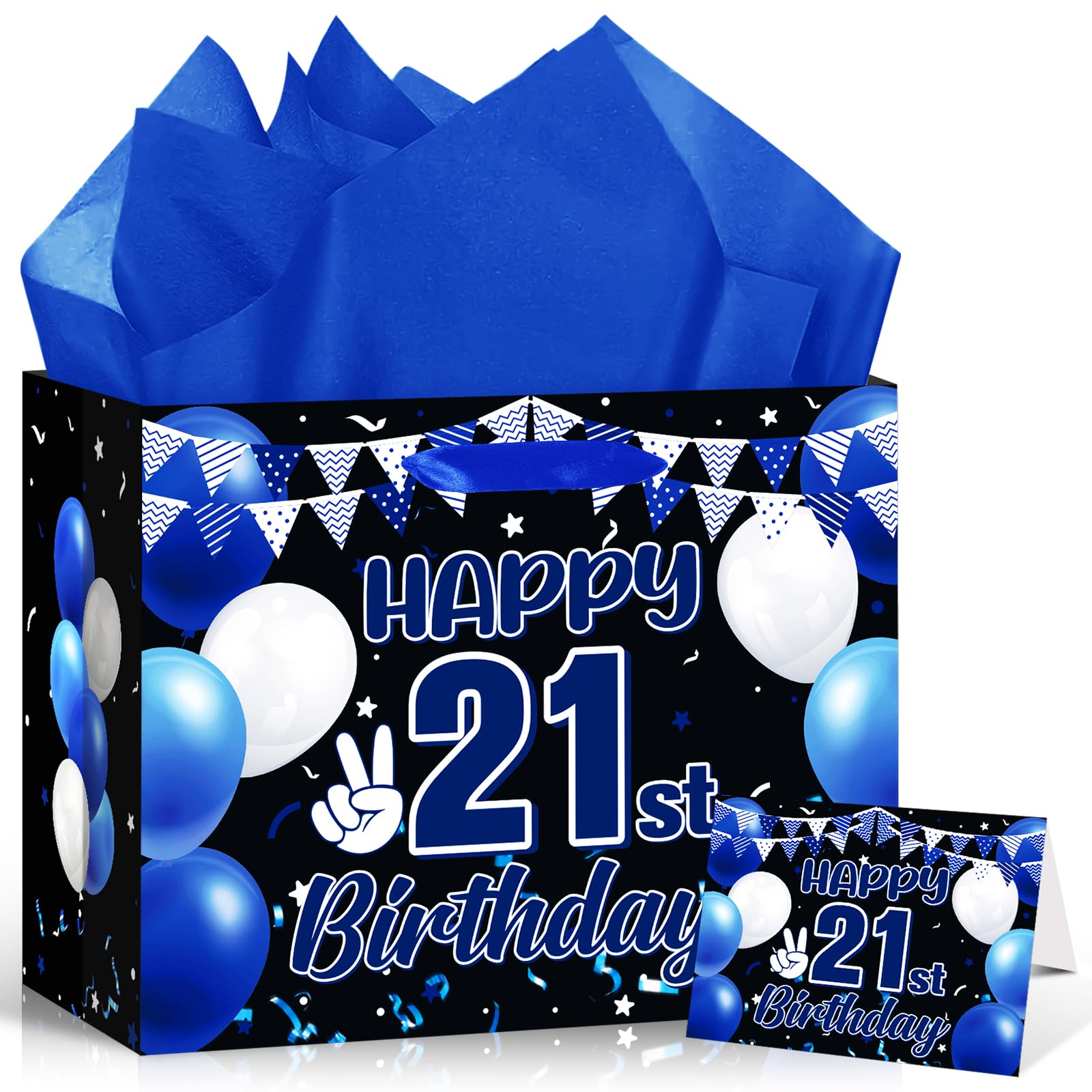 Blue Black 21st Birthday Gift Bag with Greeting Card Tissue Paper 11.8'' RIP FAKE ID 21 Wrap Bag for Men 21 Year Old Birthday Anniversary Party Decorations Goodie Wrapping Bag Presents Decor Supplies — image 1