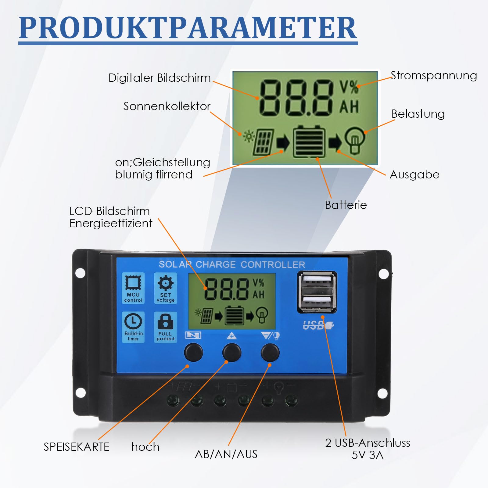 Régulateur de Charge Solaire 30 A 12 V/24 V,Contrôleur de Charge Solaire, Régulateur Intelligent de Panneau Solaire, Contrôleur Solaire Intelligent Avec Écran Lcd, Port USB Pour Batteries Au Plomb